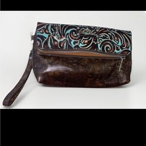 Patricia Nash Valerie Turquoise Tooled Leather Fold Magnetic Clutch Wristlet Bag